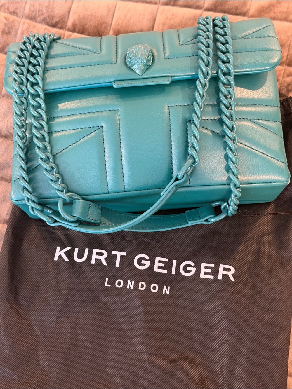 Kurt Geiger Turquoise Quilted Leather Shoulder Bag with Chain Strap